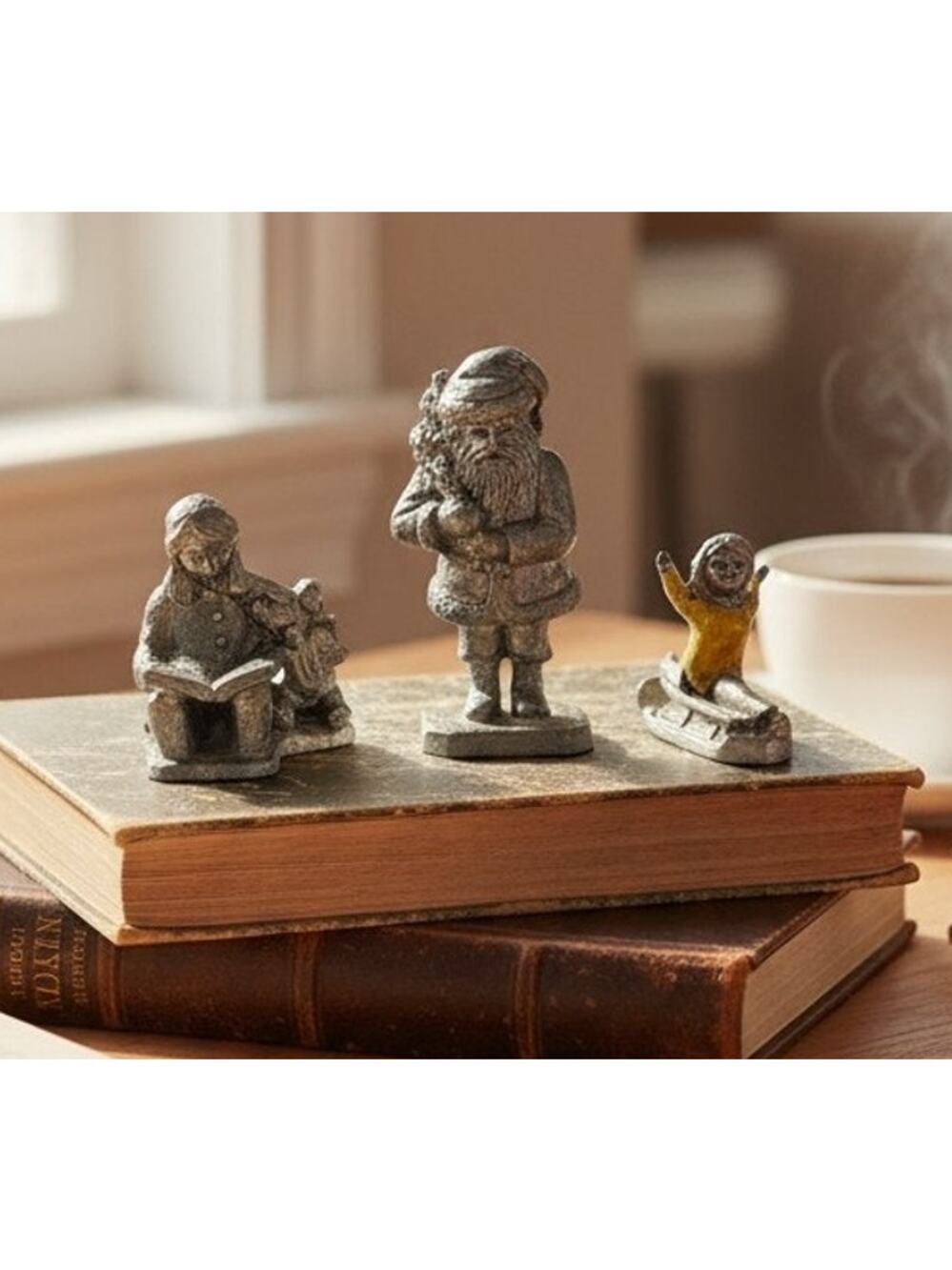 Michael Ricker Pewter Figurine Set of 3 Santa Claus Gymnast Girl Reading to Bear